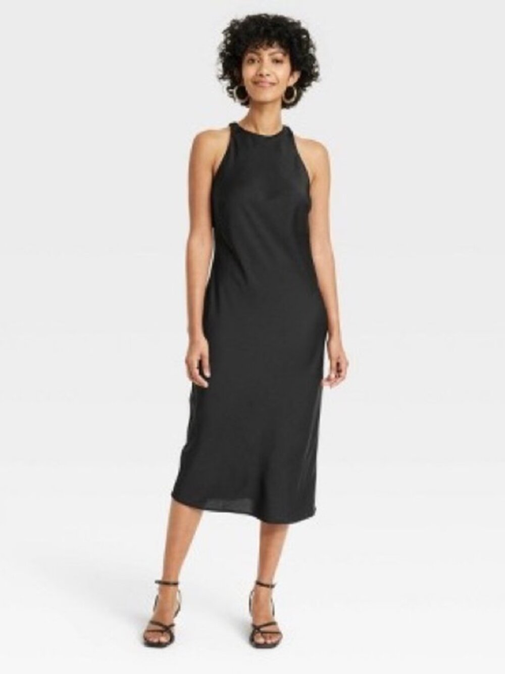 A New Day Black Satin Halter Midi Slip Dress